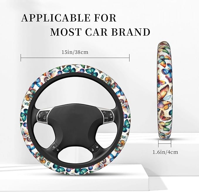 Colorful Butterfly Neoprene Steering Wheel Cover for Men Women Anti-Slip Elastic Steering Wheel Protective Cover 15in Universal Car Accessories Fit Cars, SUVs, Auto