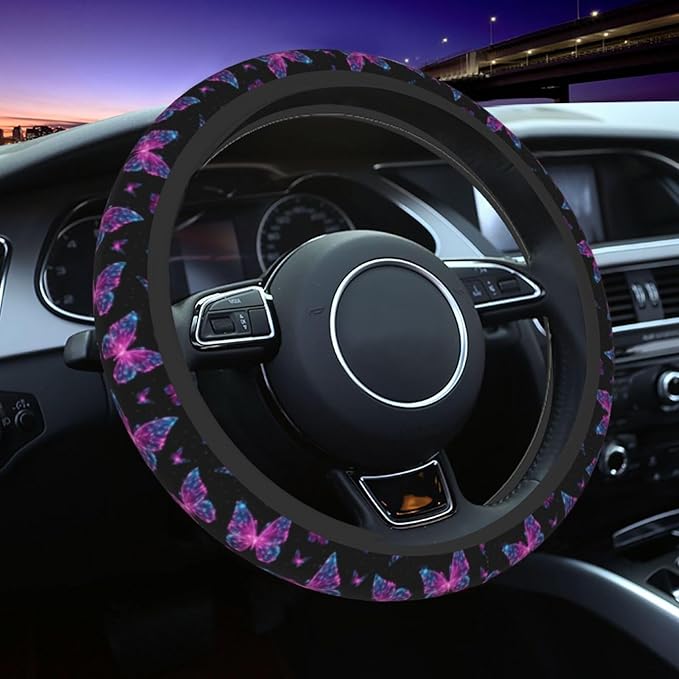 Purple Butterfly Steering Wheel Cover Elastic Non-Slip Car Steering Wheel Covers with Seat Belt Shoulder Pad For Women Men