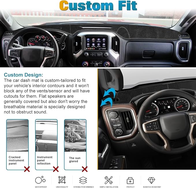 x xotic tech Center Console Dashboard Mat Compatible with Chevrolet Silverado 1500 2500HD 3500HD or GMC Sierra 2019-2024 Pre-Cut Non-Slip Sunshield Sun Glare Protector Dash Carpet Pad Black Cover