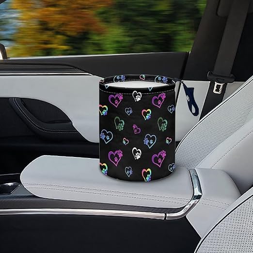 Colorful Dog Paw Heart Car Trash Bag, Car Trash Can - Cute, Portable, Collapsible for Back Seat, Floor, or Hanging Headrest Waste Basket