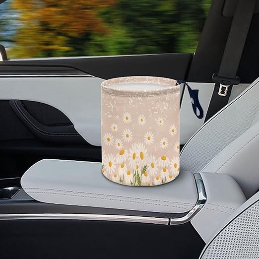 Brosoneto Cute Flower Daisy Car Trash Can Car Bag Accessories Interior Cute Garbage Bin Hanging Portable Dustbin Bin Waste Basket Collapsible Small Trash Can Easy to Clean