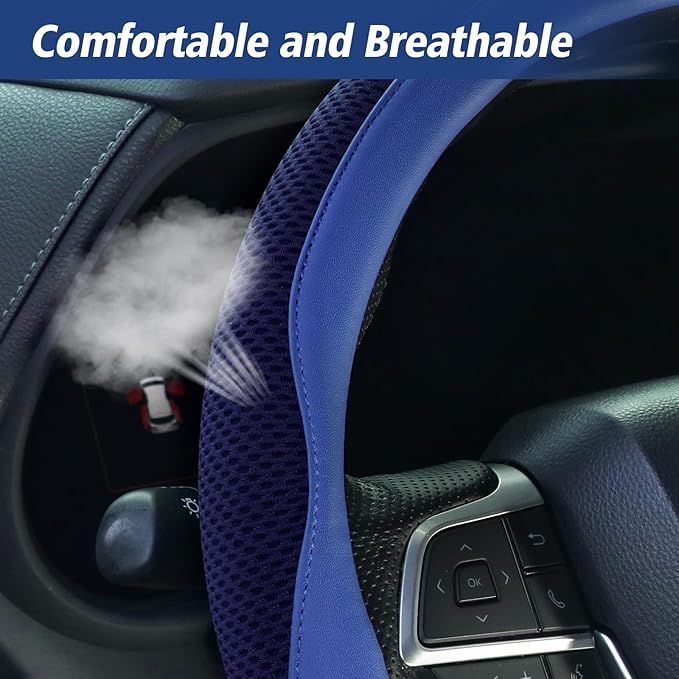 ZHOL Blue Steering Wheel Cover,Nappa Faux Leather with Comfort Grip,Non-Slip Breathable Universal Car Accessory for 15 Inch Steering Wheel