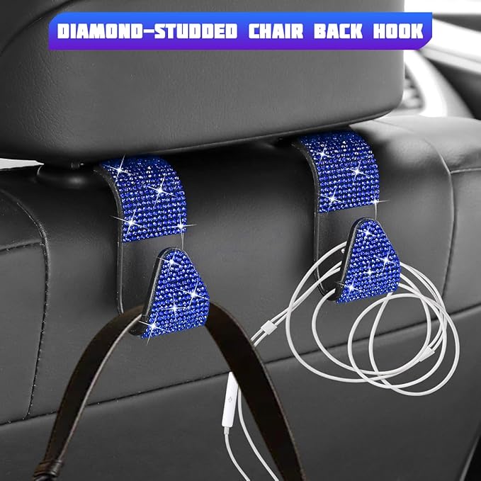 Bling Car Seat Headrest Hooks, 4PCS Crystal Rhinestone Vehicle Back Seat Hanger Holder for Handbags Purses Coats, Automotive Headrest Storage Organizer, Universal for RV SUV Truck (Blue)