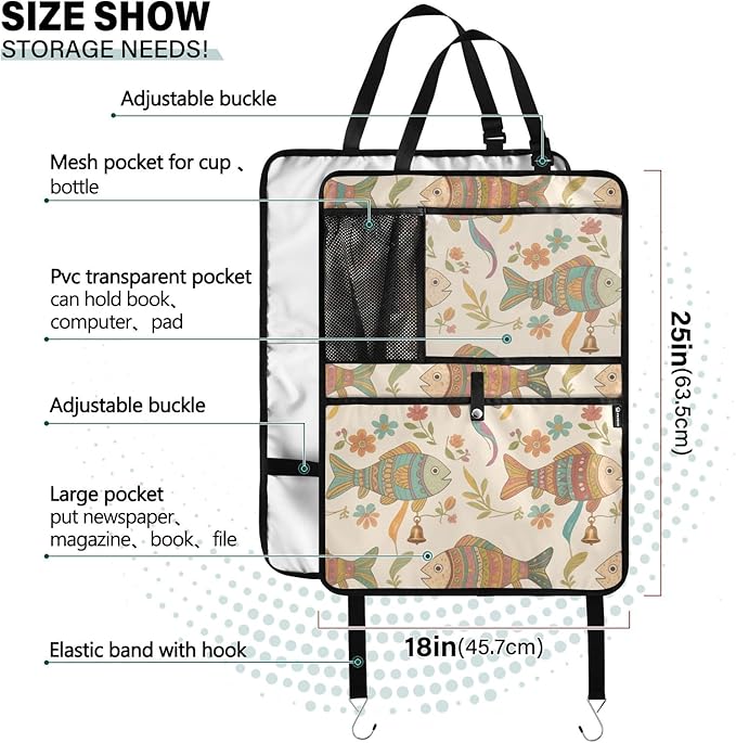 Car Back Seat Organizer with Fish Pattern, Multi-Pocket Storage Bag, Beige, Polyester, 25x18 Inch, Mesh Cup Holder, PVC Tablet Pocket, Kick Mat Protector