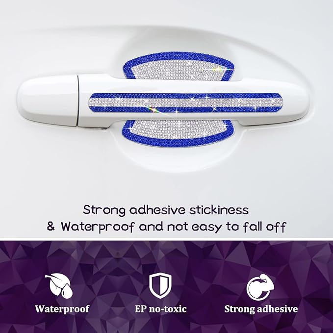 Gengki 10PCS Car Door Handle Bling Rhinestones Stickers, Gray Universal Auto Door Handle Safety Reflective Strips Blue White