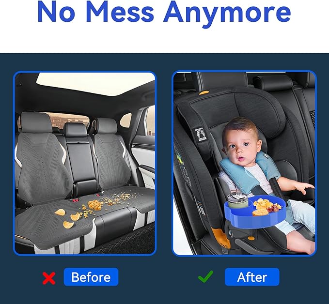 [2 Packs] Kids Car Seat Tray, Travel Tray with Cup Holder for Toddler, Kids Car Seat Food Snack Organizer for Road Trip, Stroller snack tray travel must haves - Blue+Pink