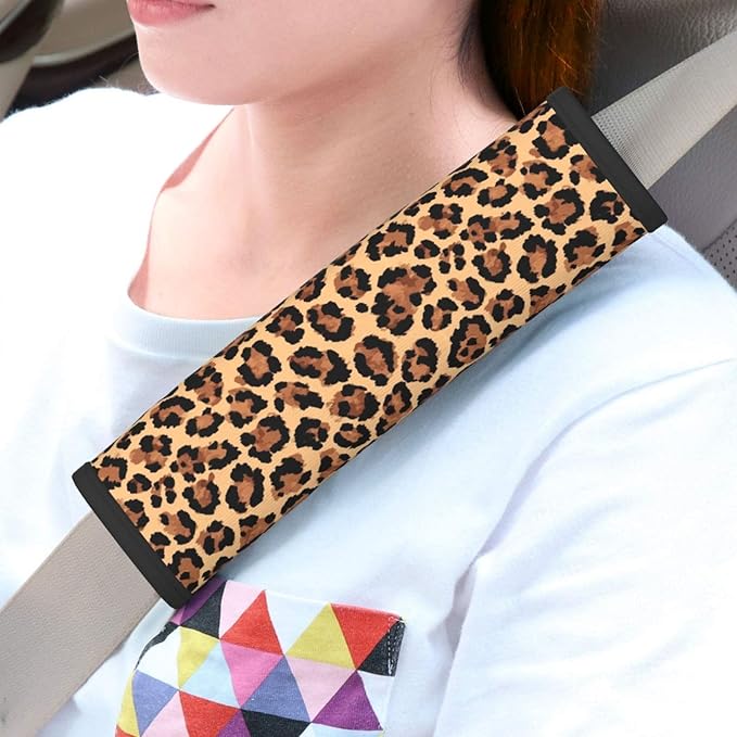 Leopard Print Steering Wheel Cover Elastic Non-Slip Car Steering Wheel Covers with Seat Belt Shoulder Pad for Women Men