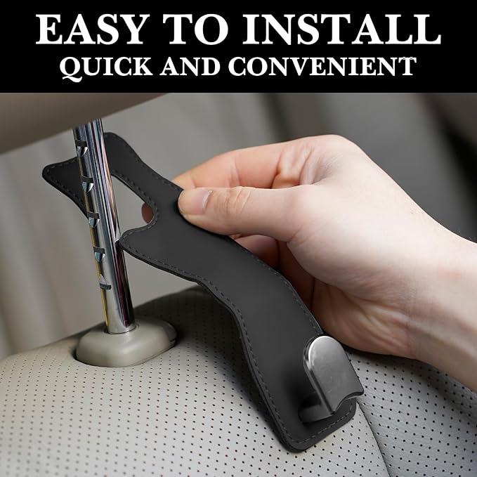 Adorila Headrest Hooks for Car - Leather Hanger with Metal Hooks for Seat Back Storage & Purses (Black, 2-Pack)