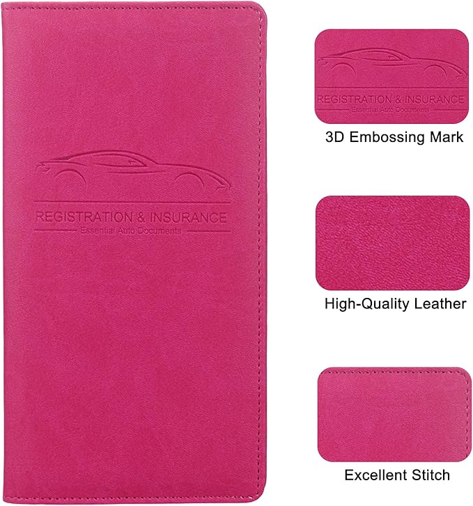 LumiMokki Premium Car Registration & Insurance Card Holder with Magnetic Shut, Vehicle Glove Box Car Organizer - For Documents, Cards, License (Rose red)
