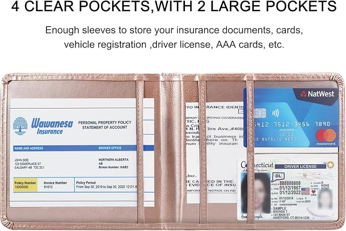 LumiMokki Car Registration and Insurance Holder, Leather Registration and Insurance Card Holder, Vehicle Glove Box Organizer - For Documents, Cards, License (Rosegold)