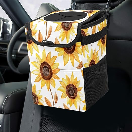 GVGHIDZ Car Trash Can – Multi-Purpose, Lightweight and Portable with Durable Water-Resistant Coating, No Installation Required, Practical and Ample Capacity, Variety of Colors.Beautiful Sunflower