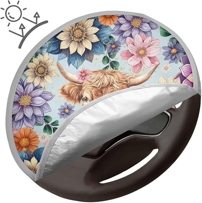 Highland Cow Reflective Steering Wheel Shield Sunshade Flower Car Rudder Sun Shade Cover 17 Inch Universal Steering Wheel Sun Block for Most Vehicle Gift for Holiday