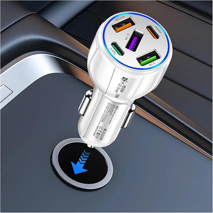 5 Port Fast Car Charger Adapter,12-24V Car Charger USB C & 30W QC3.0/3.1A Port with Reinforced Contacts & Lighting,75W Vehicle Accessories Cigarette Lighter USB Chargers (White)