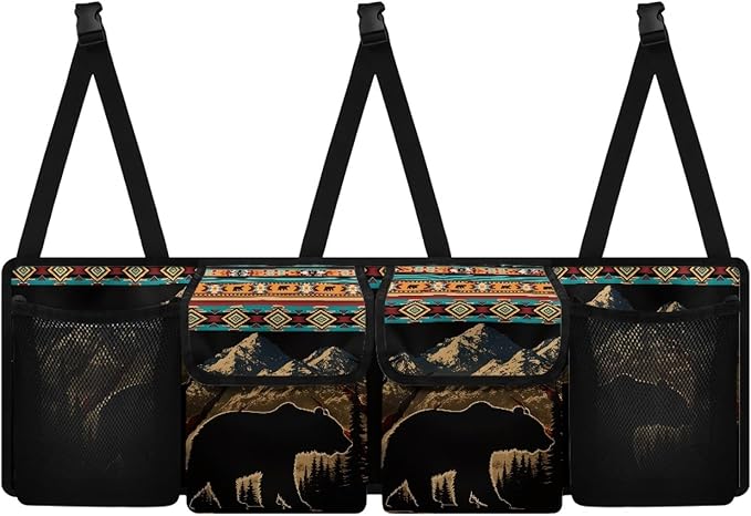 CLOHOMIN Southwest Aztec Bear Car Truck Organizer Cargo Storage Bag with 4 Pockets Backseat Hanging Organizer Car Accessories