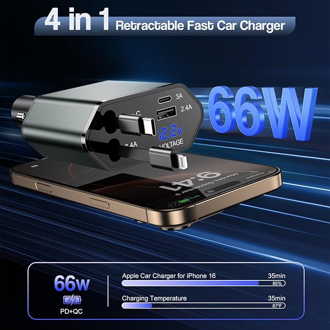 Retractable iPhone Car Charger, 4 in 1 66W Car Charger Fast Charging 2 Retractable Cable(PD & Lightning) and 2Port (USBC & USB A) Apple Car Charging Cigarette Lighter Adapter for iPhone 16/15/14/13/12