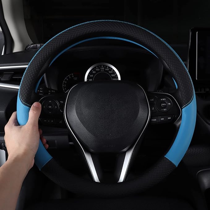 Auto Car Genuine Leather Steering Wheel Cover Anti Slip Wrap 15" (Blue)
