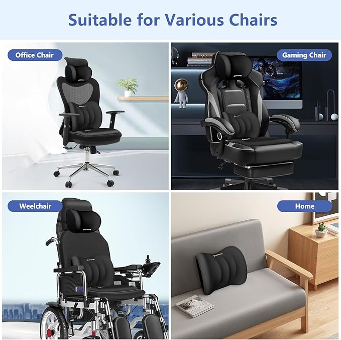 GEEYONTEK Car Seat Cushion with Neck Pillow & Lumbar Support Kit Back Sciatica Tailbone Pain Relief Car Pillows Ergonomic Memory Foam Back Support for Driving Seat Office Chair Wheelchair Black