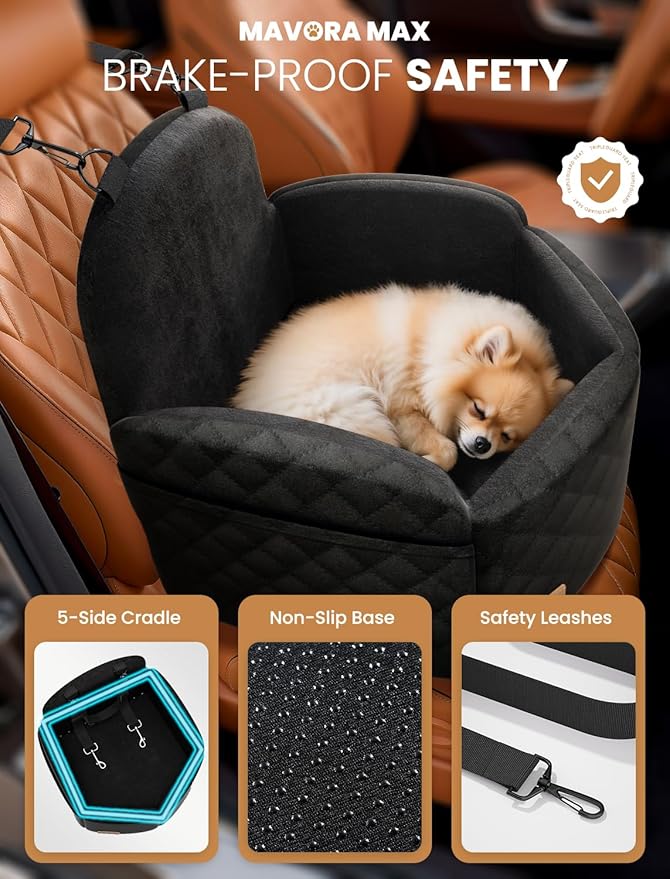 Mavora Max Dog Car Seat for Small/Medium Dogs, Elevated Dog Booster Seat Memory Foam Puppy Car Seat with Washable Cover, Travel Safety Pet Seat for Car with Storage Pockets Up to 35 lbs (Black)