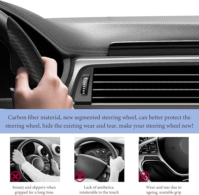 2 PCS Car Steering Wheel Cover, Anti-Skid Carbon Fiber Segmented Steering Wheel Protector, Anti-Slip Wheel Wrap Protective Cover for Most Cars Trucks SUVs, Car Accessories (Black)