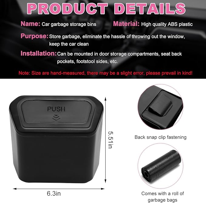 Car Trash Can with Lid, Plastic Mini Auto Hanging Dustbin with Garbage Bags, Trash Organizer with Lid Garbage Holder Container for Vehicle Office Home, Car Accessories (Black)