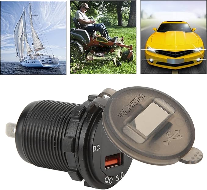 Car Charger Socket, USB Car Charger Adapter QCPD Fast Charging 12‑24V Waterproof Voltage Display Universal for Motorcycles Motorhomes Yachts