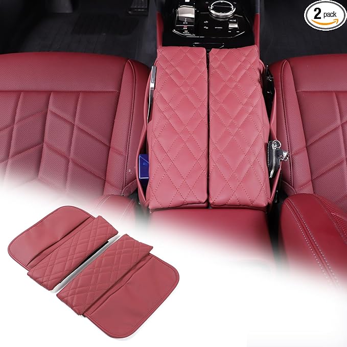 Car Center Console Cover Compatible with BMW 5 Series G60 2024 Sedan,Center Seat Armrest Cover Pad Leather Cushion Anti-Scratch Protector with Side Mobile Phone Storage Pockets 2PCS (Burgundy Color)
