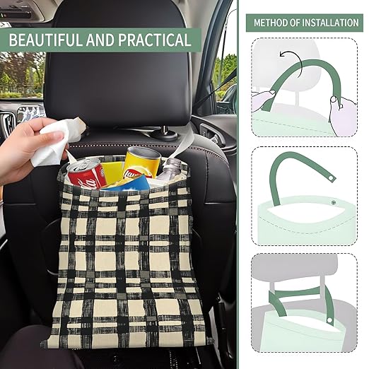 AXZOPDE Cute Car Trash Can, Hanging Canvas Car Back Seat Organizer and Storage Bag, Funny Car Trash Bag For Travelling, Outdoor Cute Beige Black Plaid