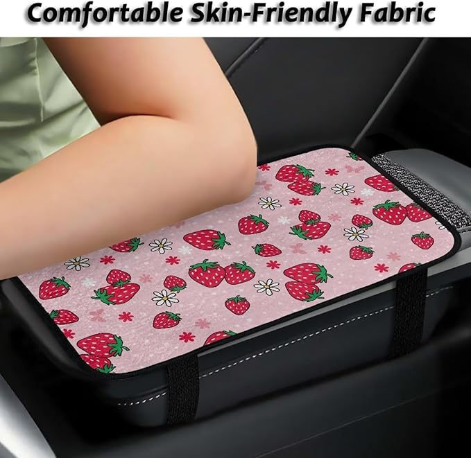 Bulopur Pink Strawberry Arm Rest Cover Car Protect from Pet Claws Car Center Console Cover Easy to Install Auto Console Armrest Cover Flannel Universal Fit for Auto Truck Van SUV