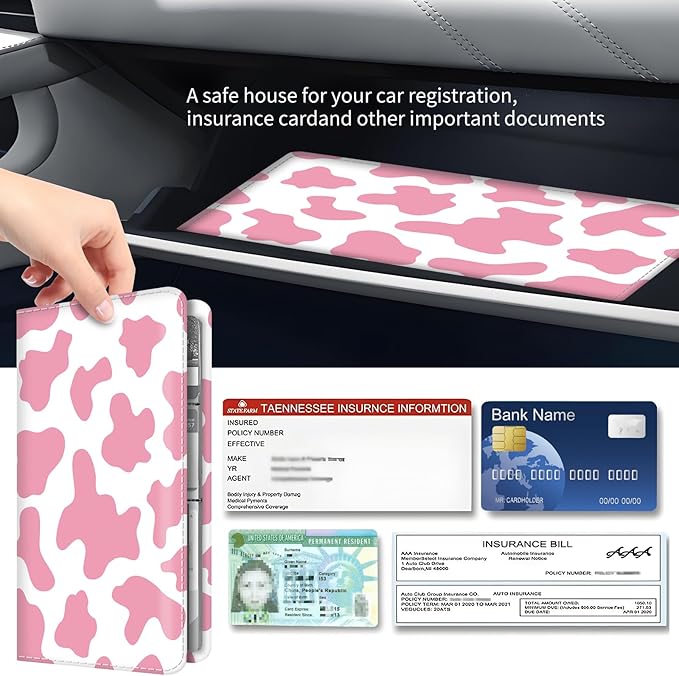 BAUCIWLD Premium Car Registration and Insurance Card Holder, Cute PU Leather Car Document Holder, Vehicle Glove Box Car Organizer with Magnetic Closure for Driver License, Cards Pink Cow Print