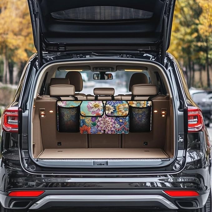 Dreaweet Boho Floral Print Car Trunk Organizer for Sedan Collapsible Hanging Car Storage Organizer Accessories Interior for Women Large Capacity 4 Pockets Car Organizer for SUV Trucks Minivan