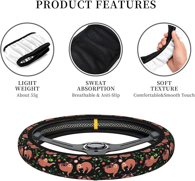 Cute Sloth Steering Wheel Cover for Women Men Girls, Car Accessories Decor Thickened Anti-Slip Auto Steering Wheel Covers Protector Universal Fit 15 Inch for Cars, Truck, SUV