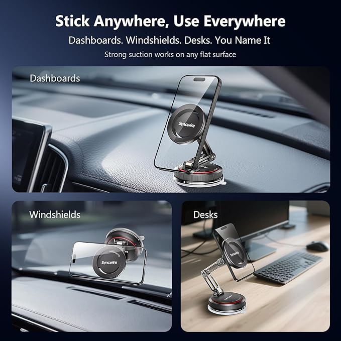 SYNCWIRE for MagSafe Car Mount [3-Axis] Nano Adhesive Gel + Strong Suction Cup Magnetic Phone Holder for Dashboard & Windshield, 360° Adjustable for iPhone 17 16 15 14 13 12, Samsung, Matte Black