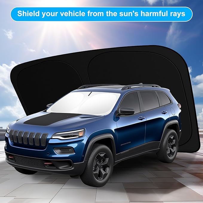 SHINEHOME Car Windshield Sun Shade Compatible for Jeep Cherokee 2014-2025 2026 Trailhawk, Overland, Limited, Latitude, Altitude Accessories 2025 Upgrade Foldable Sunshade Custom Windshield Sun Visor
