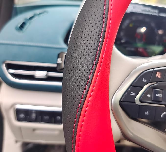 Universal Car Microfiber Leather Steering Wheel Cover Anti-Slip for 14.5"-15" (Black-Red)