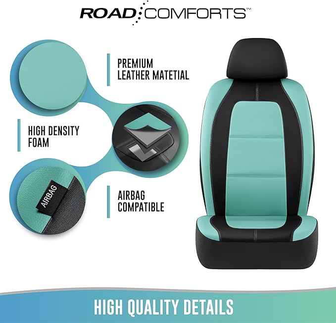 Road Comforts Car Seat Cover, Leather Car Seat Covers, Front Low Back Sport Seat Covers, Airbag Compatible, Universal Fits for Most Cars (Mint)