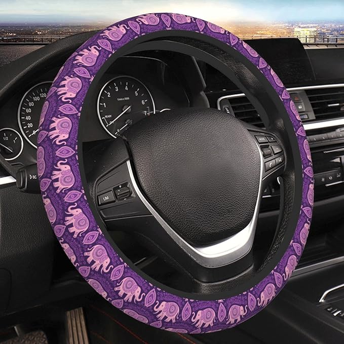 Purple Elephant Paisley Universal Fit Steering Wheel Cover for Car, Truck, and SUV, Durable Steering Wheel Protection