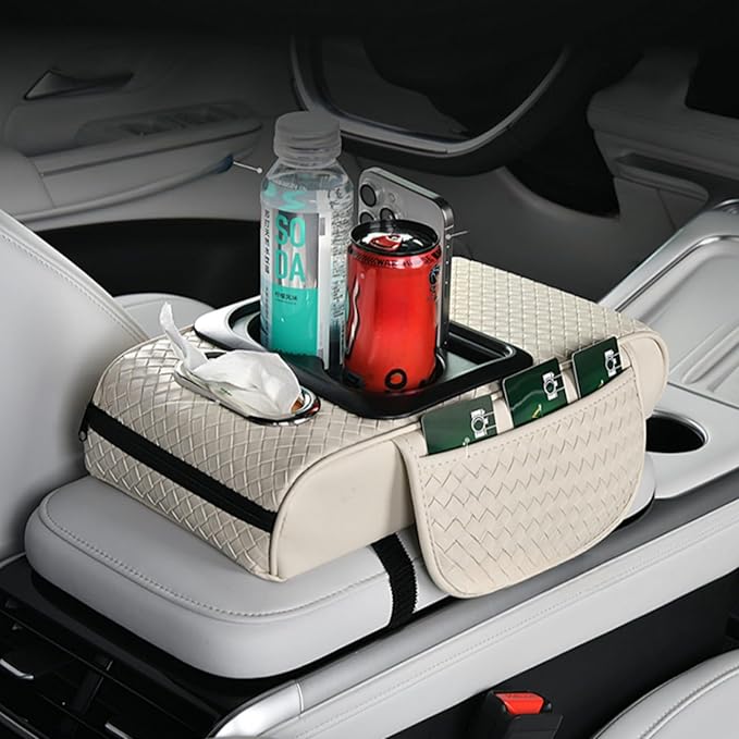 Car Armrest Cushion Cover Car Center Console Memory Foam Booster Pad with Storage Pocket and Tissue Hole for Sedan Vehicle (Cupholder - Beige, 13.39 * 7.68 * 2.95'' / 34 * 19.5 * 7.5cm)