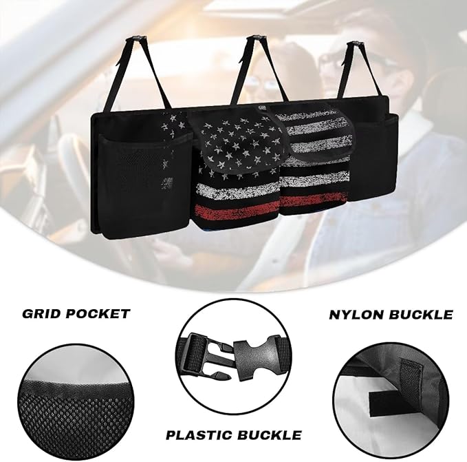 American Flag Camo Car Trunk Organizers, 37.1" x 11.8" Backseat Hanging Organizer with 4 Large Storage Bag, Waterproof Car Organizer with Adjustable Strap, Road Trip Large Capacity Bag