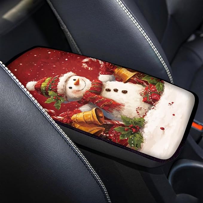 Horeset Christmas Snowman Bell Anti-Scratch Car Console Covers Auto Accessories, Non-Slip Arm Rest Cushion Protection Fit SUV Sedan Truck, Easy to Install