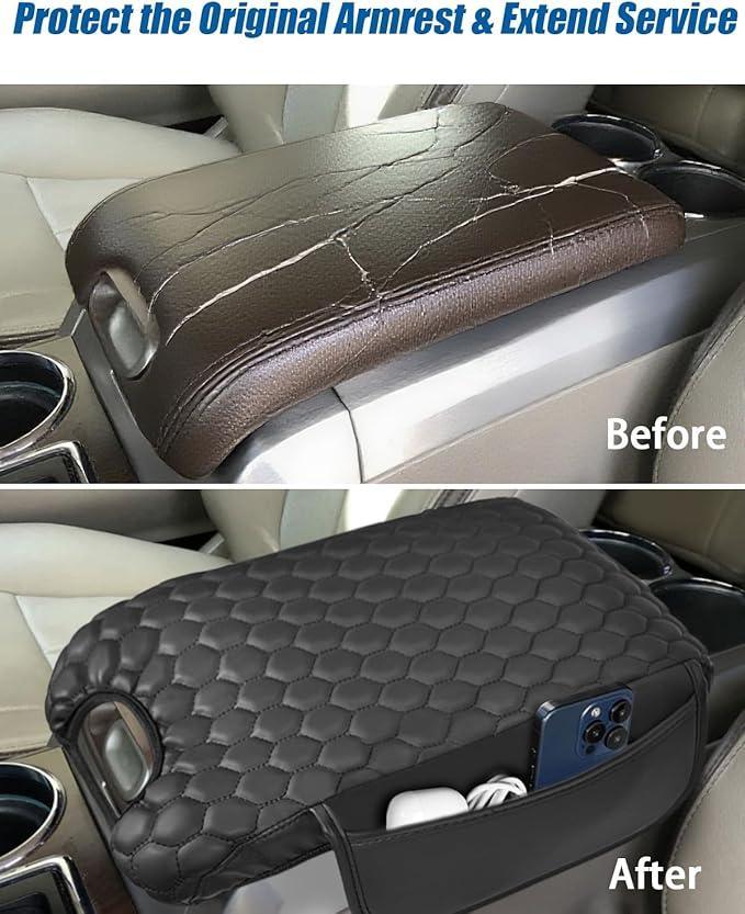 Center Console Cover Nappa Leather Armrest Cover Compatible with 2009-2014 Ford F150 Flow-Through Console Middle Console Cover with Two Side Pockets Center Console Cushion