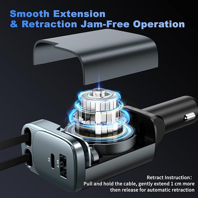 Retractable Car Charger, 84W Car Charger USB C 4 in 1, Car Accessories Fast Charging Car Charger Adapter for iPhone 17 16 15 14 13 12 Pro Max, Samsung, Pixel | Travel Essentials Gifts for Men Women