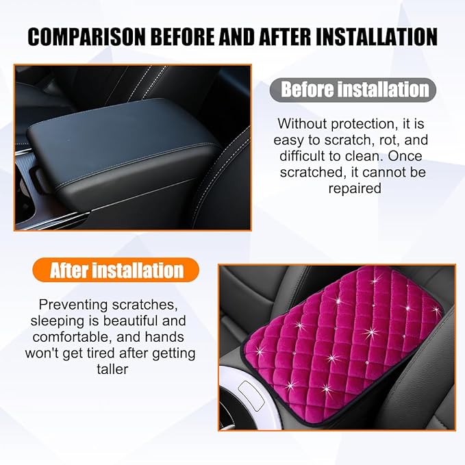 Car Center Console Cover, Crystal Rhinestone Fluffy Soft Vehicle Armrest Seat Box Cushion Pad, Automotive Interior Middle Console Protector, Universal for Automobile RV Truck (Rose Red)