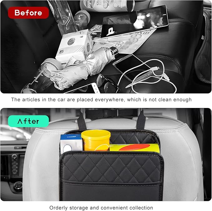 Car Back Seat Organizer, Large Capacity Foldable Car Headrest Hanging Organizer with Storage Pockets, Waterproof Leather Multipurpose Back Seat Storage Bag for Most Vehicles (Black)