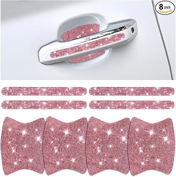 Mandark 8PCS Bling Car Door Handle Protector, Crystal Rhinestone Vehicle Door Bowl Protective Sticker, Glitter Anti-Scratch Auto Decor Decals Accessories, Universal for SUV, Sedan, Truck (Light Pink)
