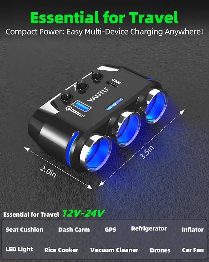 YANTU QC3.0&PD Cigarette Lighter Adapter, 3-Socket 140W Car Cigarette Lighter Splitter with 12v USB Outlet,Car Charger Adapter with Double/Dual/USB C Charger Multi Port/Plug Outlet for Car Devices