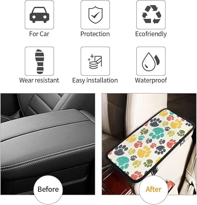 OLIEYFU Dog Paw Pattern Auto Center Console Cover Universal Car Armrest Pad Waterproof Women Men Automotive Interior Accessories for Most Vehicle SUV