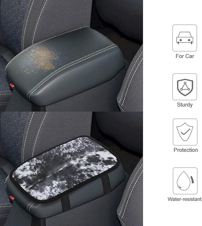 Black and White Cowhide Print Car Center Console Cushion Pad,Waterproof Armrest Seat Box Cover Protector,Comfortable Car Decor Accessories Fit for Most Cars, Vehicles, SUVs