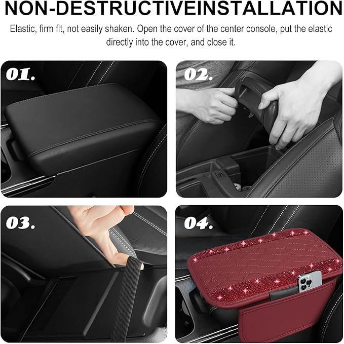 NBTEPEM Bling Burgundy Red Car Center Console Cover, Leather Car Arm Rest Cover with 2 Storage Bags, Universal Auto Armrest Protector Storage Box, Bling Accessories Interior for Most Vehicles