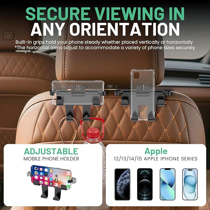 Basix by iOttie Headrest Hook and Phone Holder Car Backseat Organizer for Bags and Phones, Durable Heavy Duty Hook with Secure Phone Grip, Easy No Tool Installation