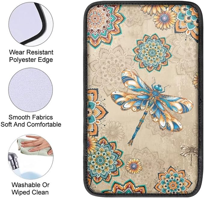 Dragonfly Print Car Center Console Armrest Cover Boho Mandala Flower Print Armrest Box Protector Cover Universal Fits Truck Sedan SUV, Auto Interior Decor
